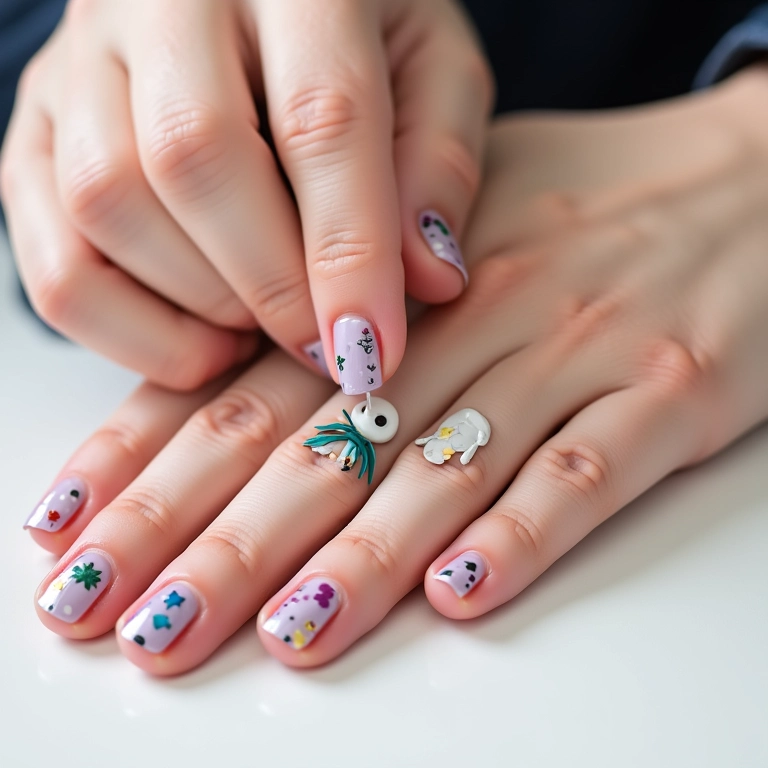 Unhas decoradas com adesivos de fácil aplicação.