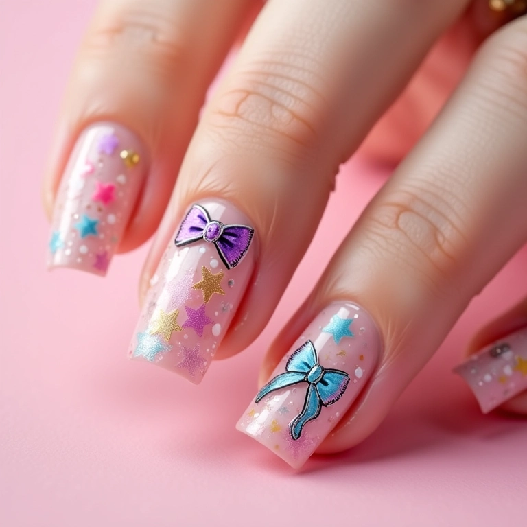 Unhas decoradas com adesivos de laço coloridos.