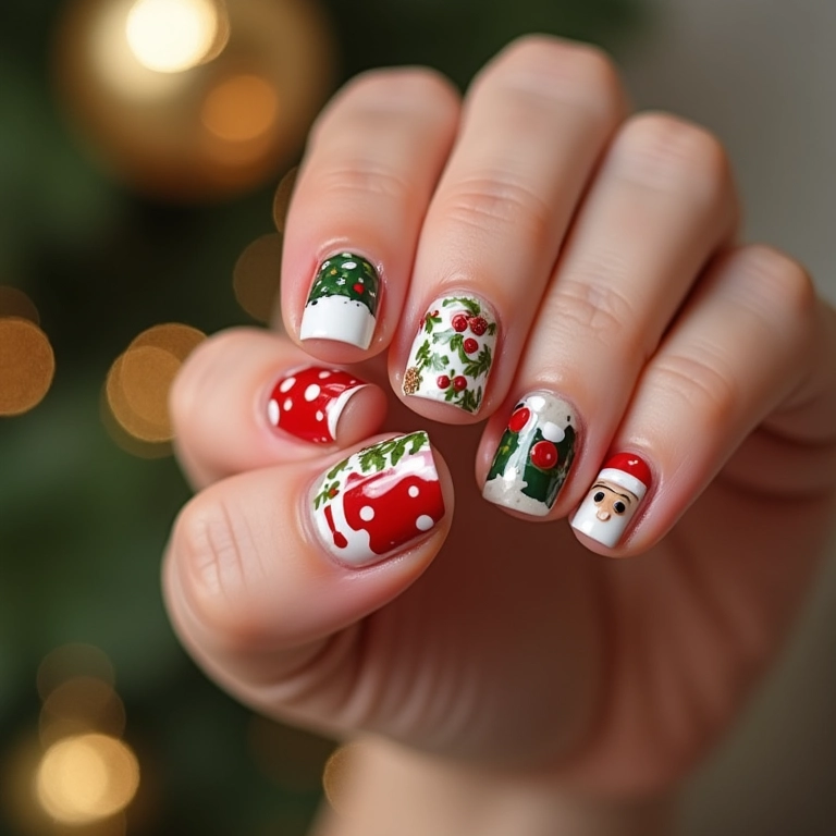 Unhas decoradas com adesivos de Natal.