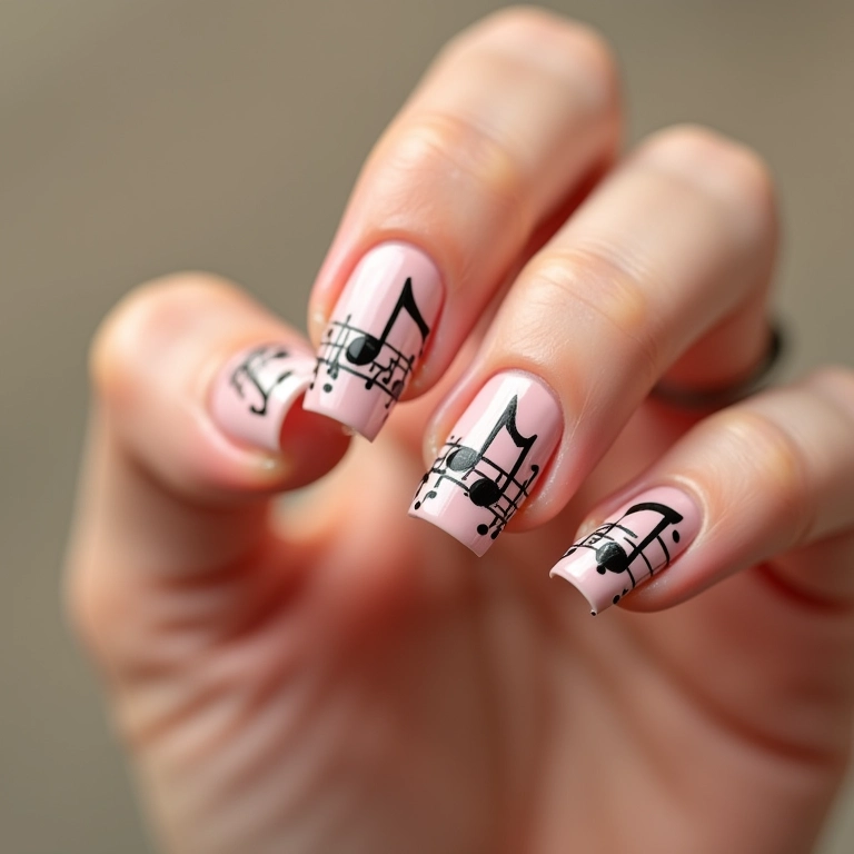 Unhas decoradas com adesivos de notas musicais.