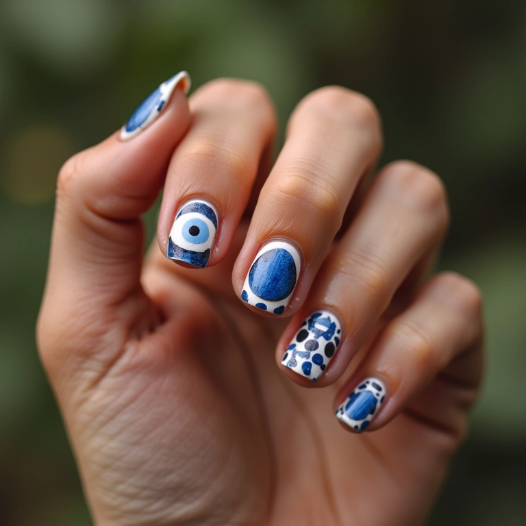 Unhas decoradas com adesivos de olho grego azul, fáceis de aplicar.