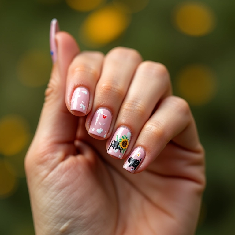 Unhas decoradas com adesivos divertidos e coloridos.