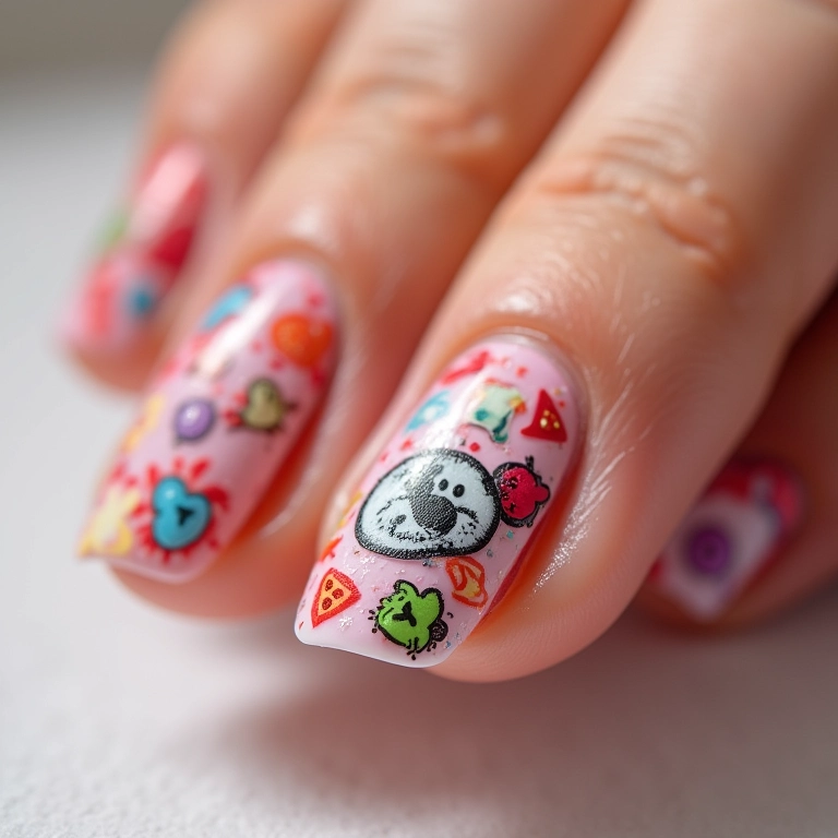 Unhas decoradas com adesivos e esponja.