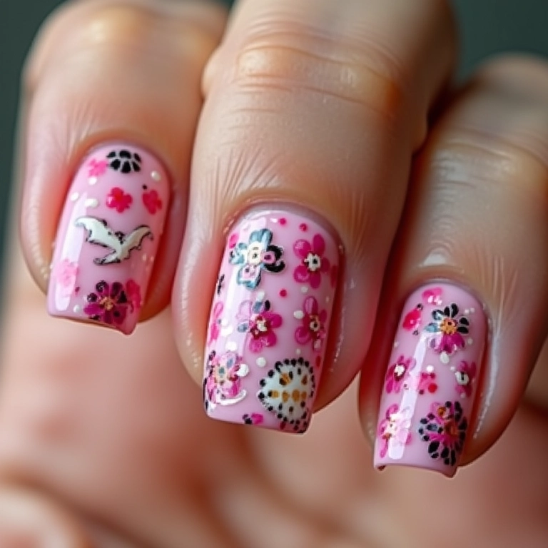 Unhas decoradas com adesivos e películas para um design fácil.