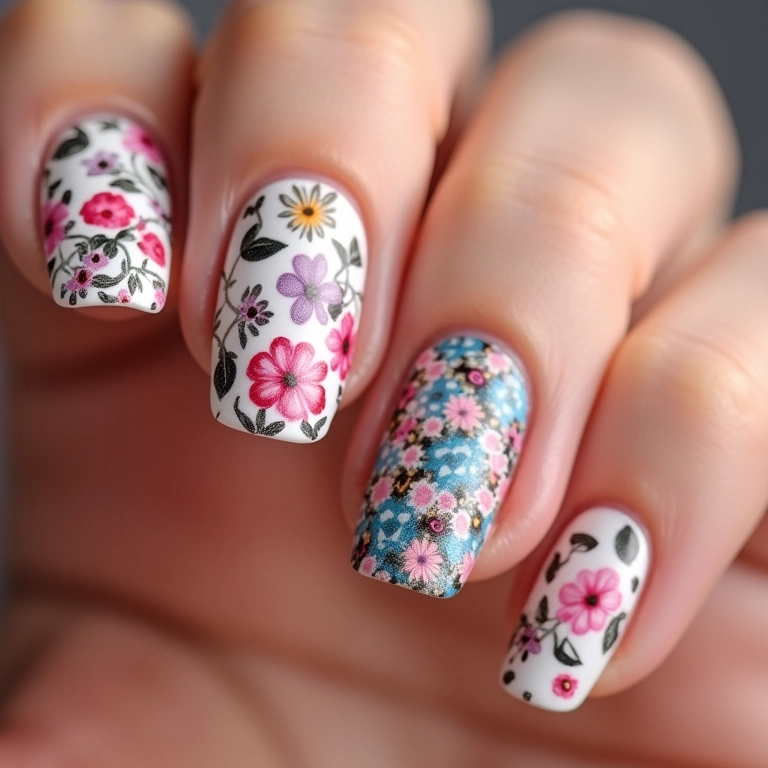 Unhas decoradas com adesivos e películas temáticas.