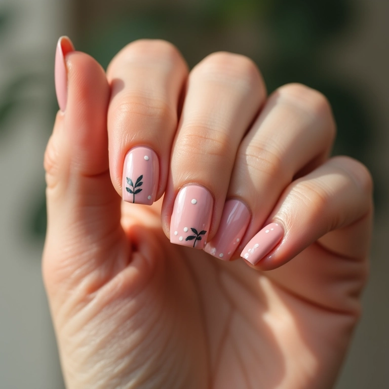 Unhas decoradas com adesivos minimalistas e delicados.