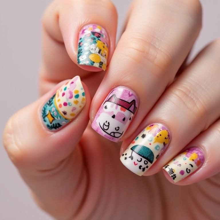 Unhas decoradas com adesivos temáticos.