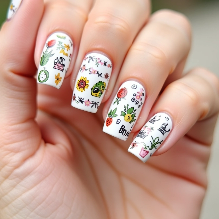 Unhas decoradas com adesivos temáticos.
