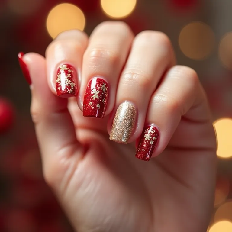 Unhas decoradas com adesivos temáticos de Ano Novo.