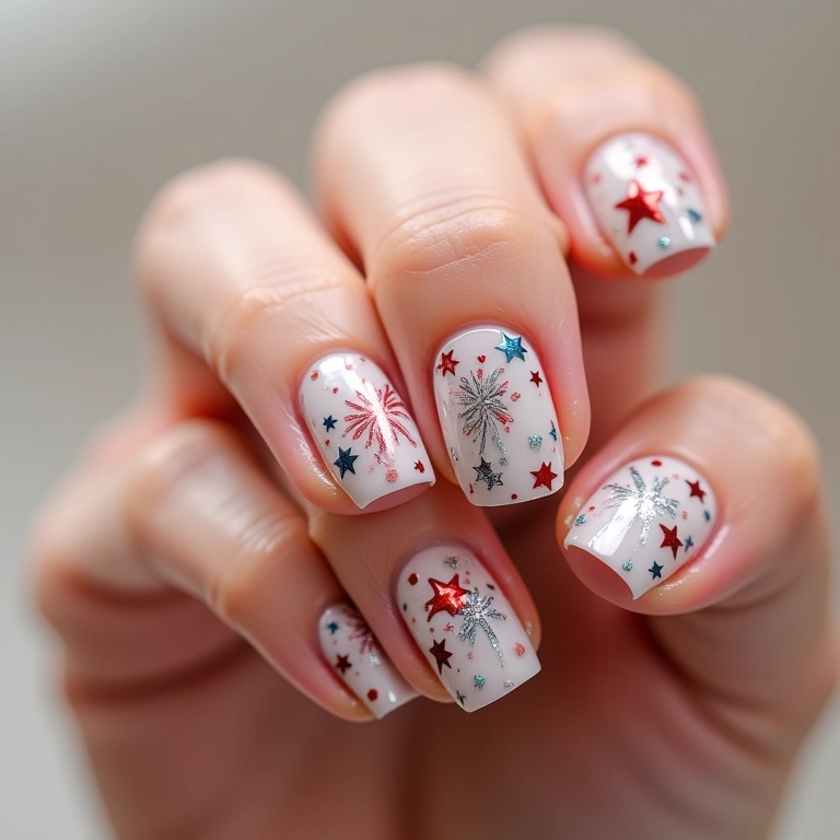 Unhas decoradas com adesivos temáticos de Ano Novo.