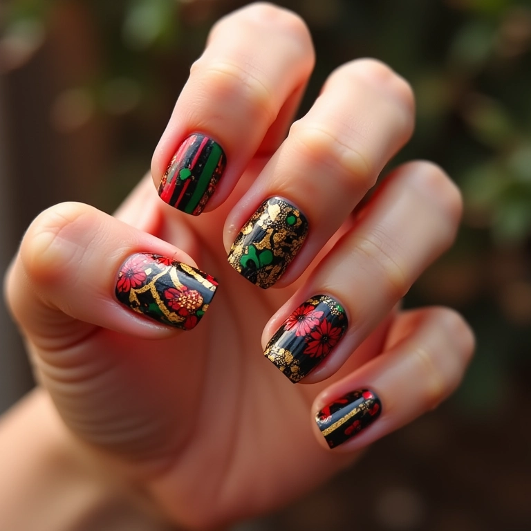 Unhas decoradas com adesivos temáticos de Carnaval.