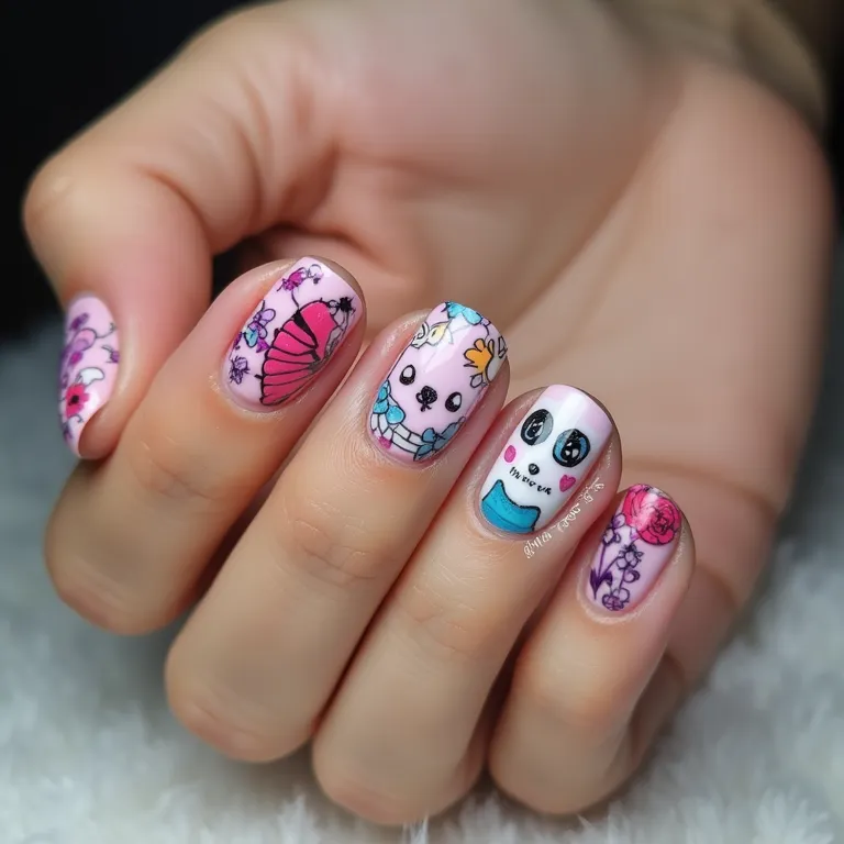 Unhas decoradas com adesivos temáticos de flores e animais.
