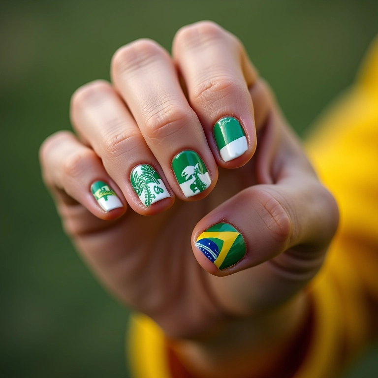 Unhas decoradas com adesivos temáticos do Palmeiras.