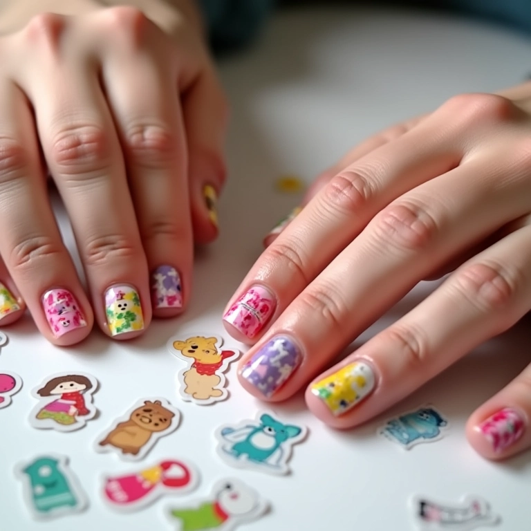 Unhas decoradas com adesivos temáticos infantis, fáceis de aplicar.