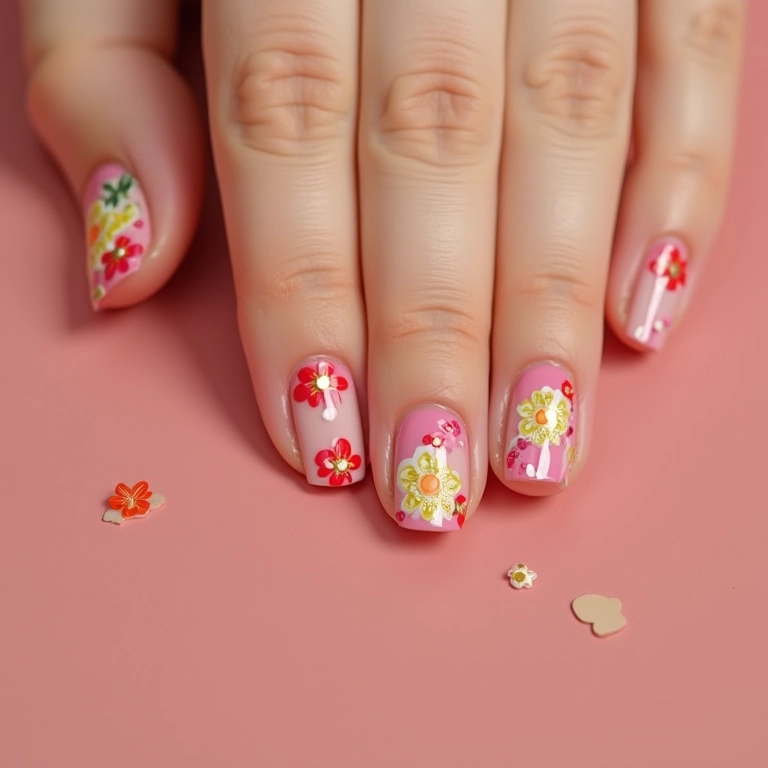 Unhas decoradas com adesivos temáticos.