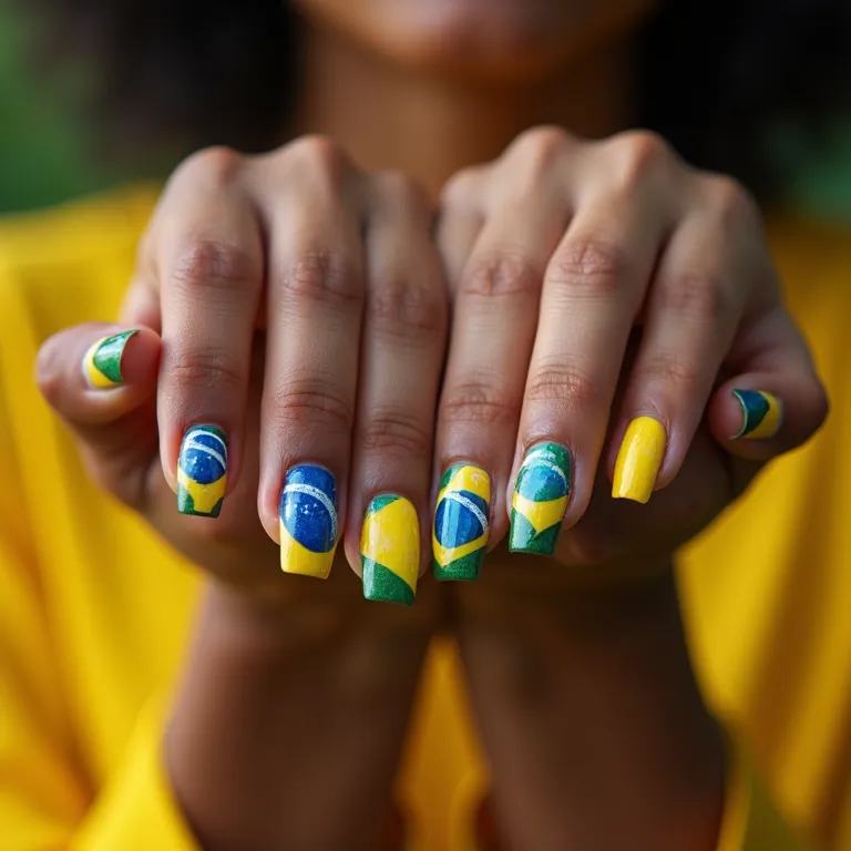 Unhas decoradas com as cores da bandeira do Brasil.