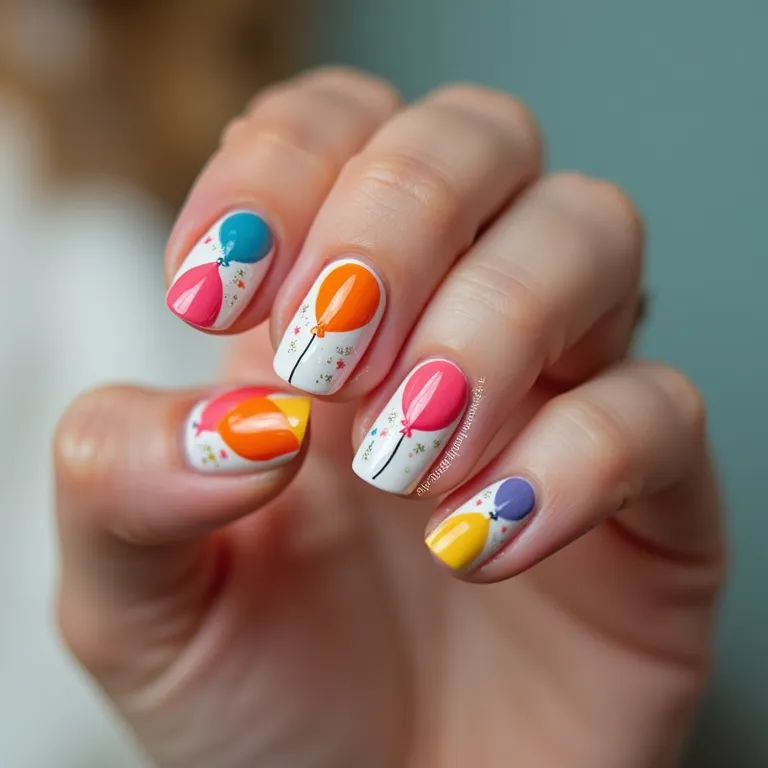 Unhas decoradas com balões coloridos.
