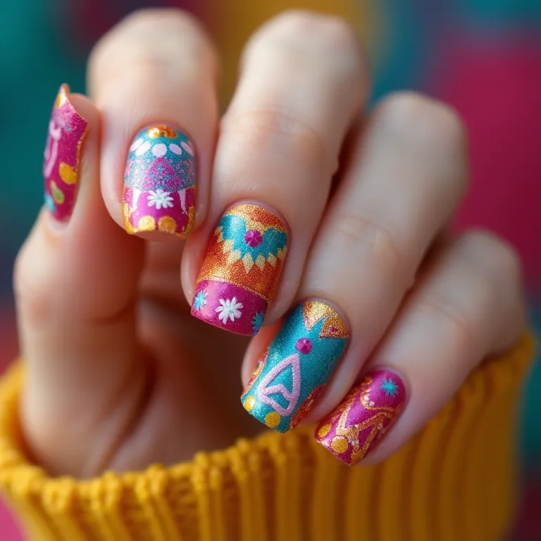 Unhas decoradas com bandeirinhas coloridas de festa junina.