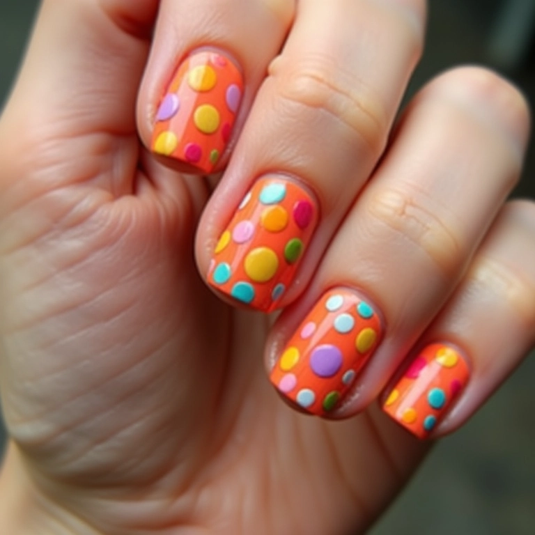 Unhas decoradas com bolinhas coloridas inspiradas na Galinha Pintadinha.