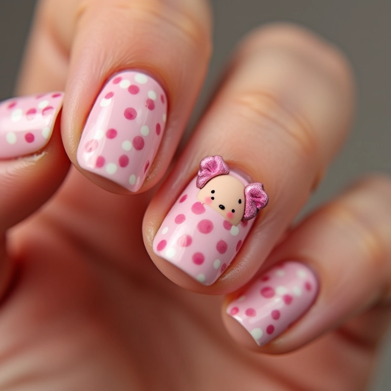 Unhas decoradas com bolinhas e bonequinhas.