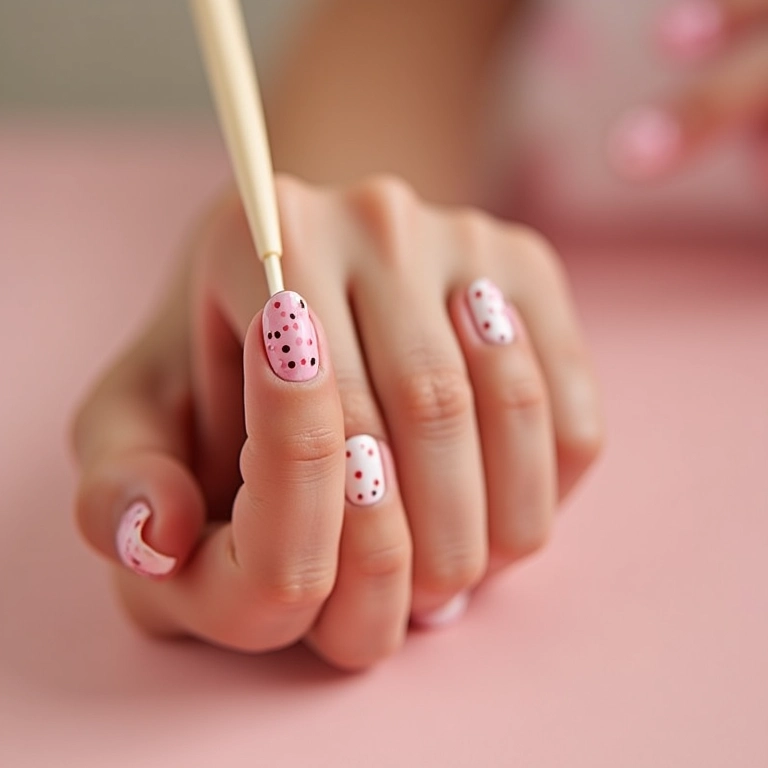 Unhas decoradas com bolinhas feitas com palito, design simples e charmoso.