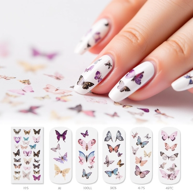 Unhas decoradas com borboleta adesiva.