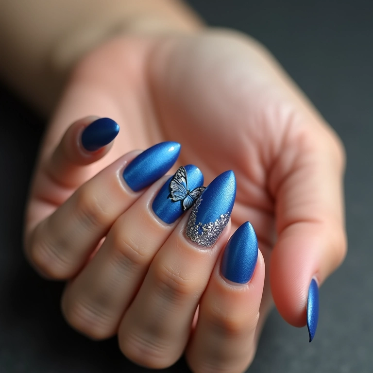 Unhas decoradas com borboleta azul e glitter delicado.