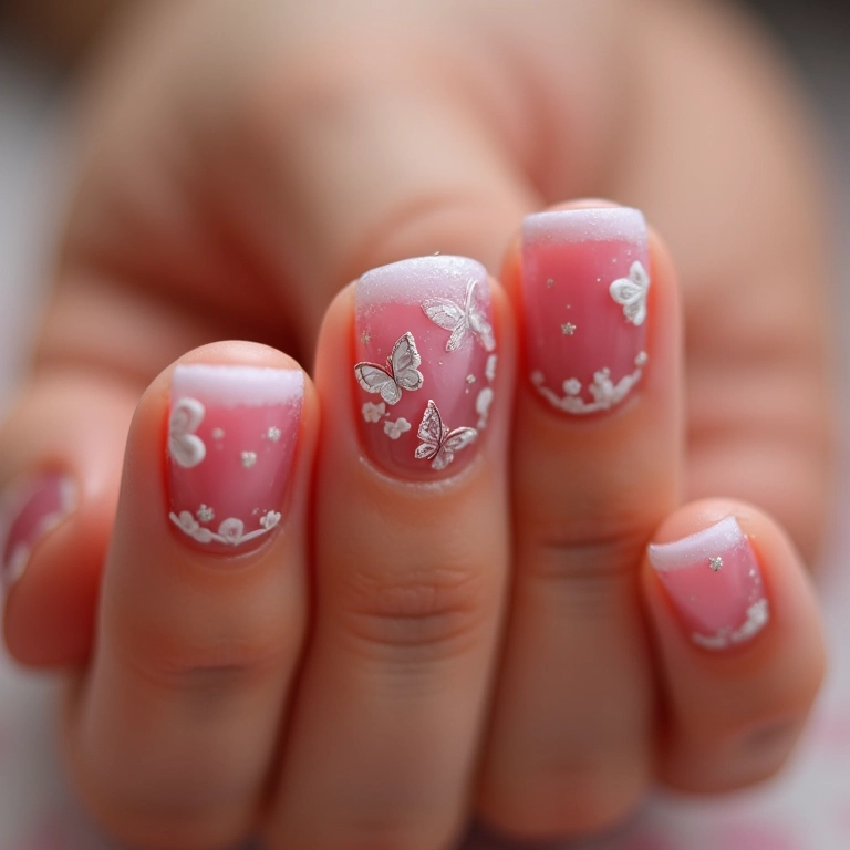 Unhas decoradas com borboleta baby boomer.