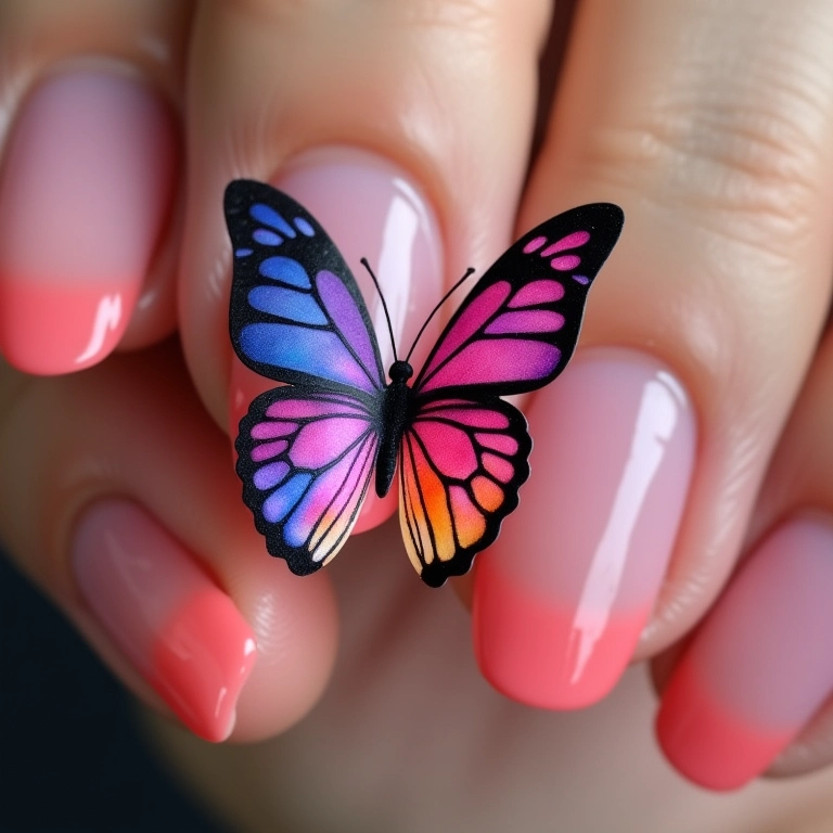 Unhas decoradas com borboleta degradê.