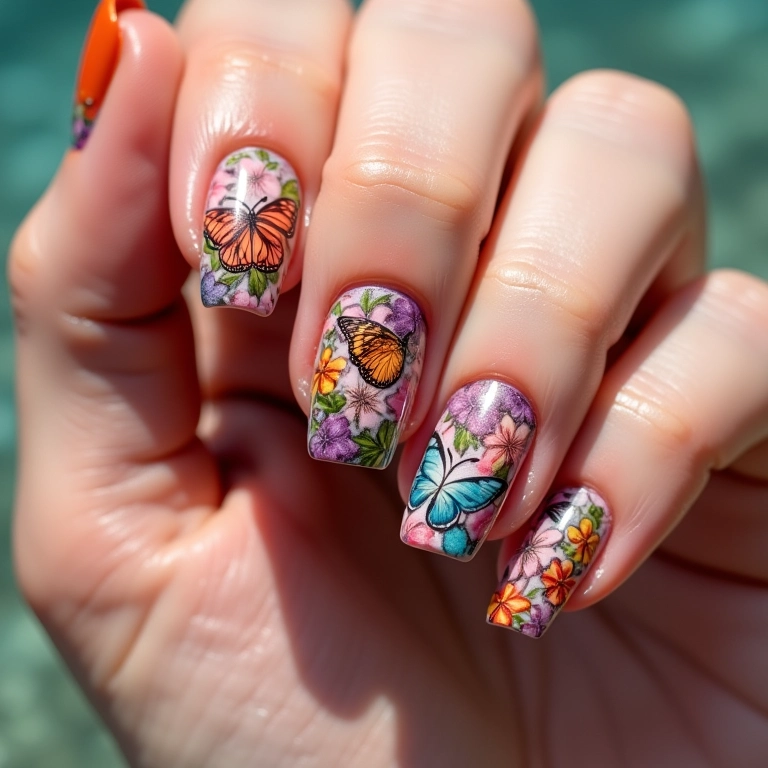 Unhas decoradas com borboleta e flores.