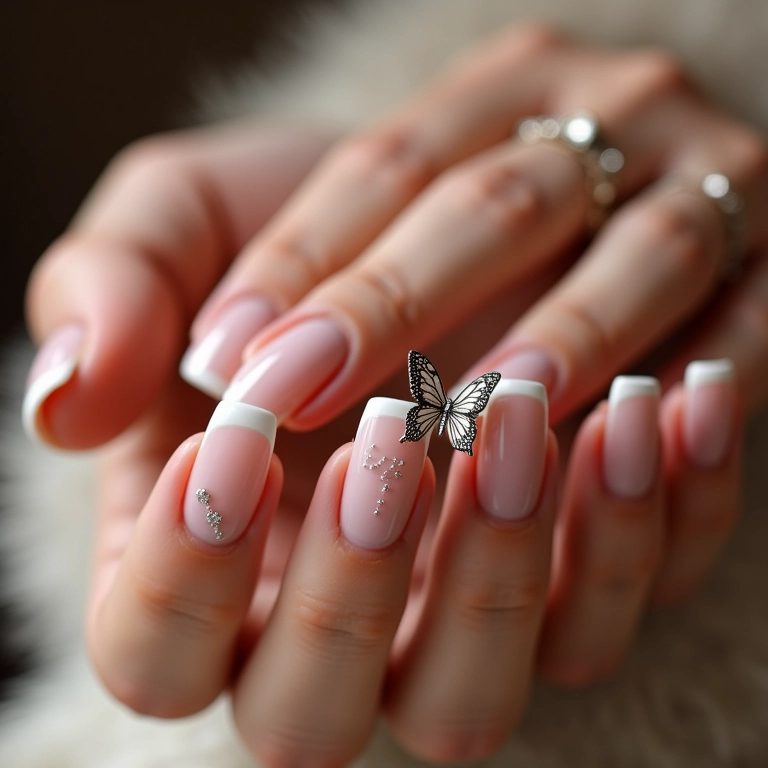 Unhas decoradas com borboleta e francesinha.