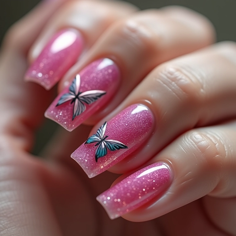 Unhas decoradas com borboleta encapsulada em gel.