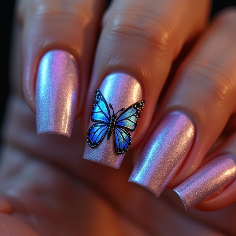 Unhas decoradas com borboleta holográfica.