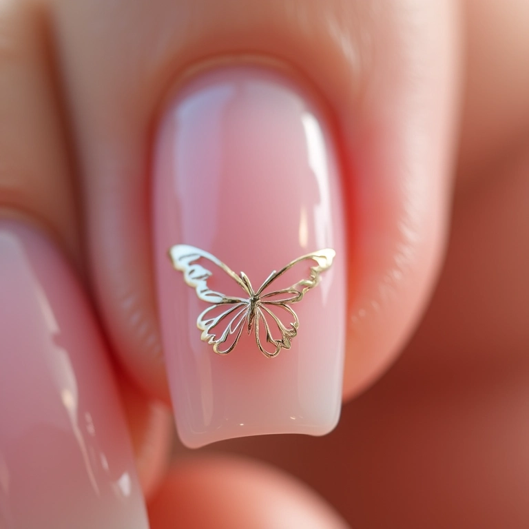 Unhas decoradas com borboleta simples e delicada.