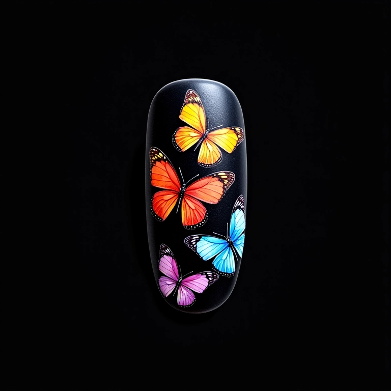 Unhas decoradas com borboletas coloridas em fundo preto.
