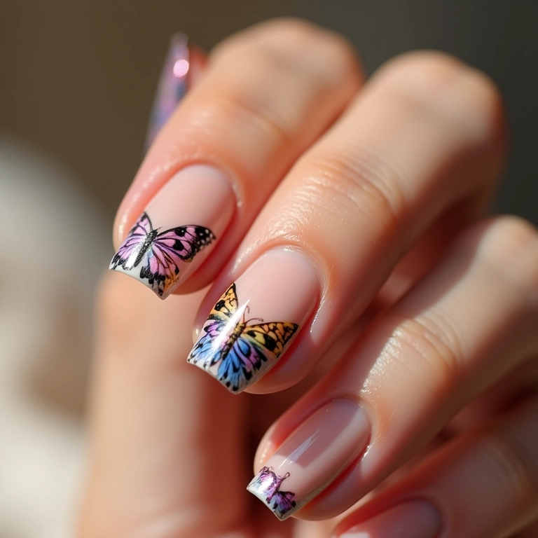 Unhas decoradas com borboletas delicadas e vibrantes.