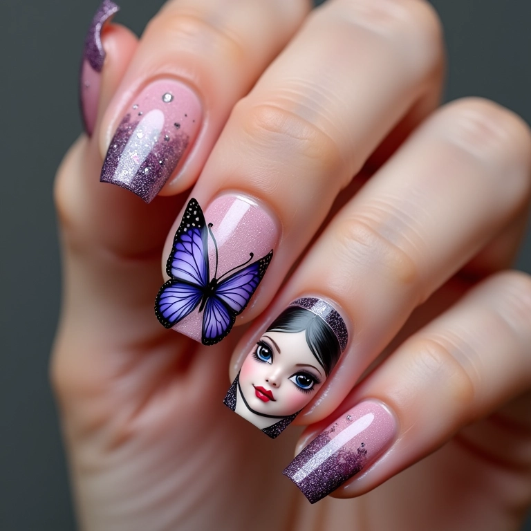 Unhas decoradas com borboletas e bonequinhas.