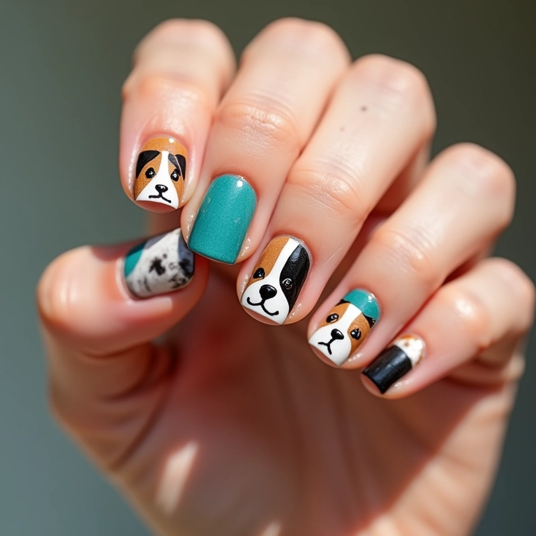 Unhas decoradas com cachorrinhos divertidos e coloridos.