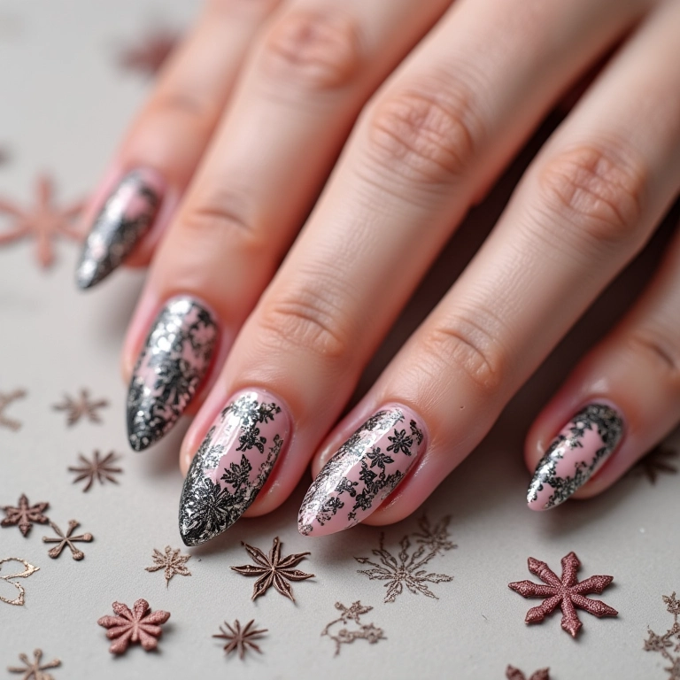 Unhas decoradas com carimbo, desenhos detalhados e precisos.