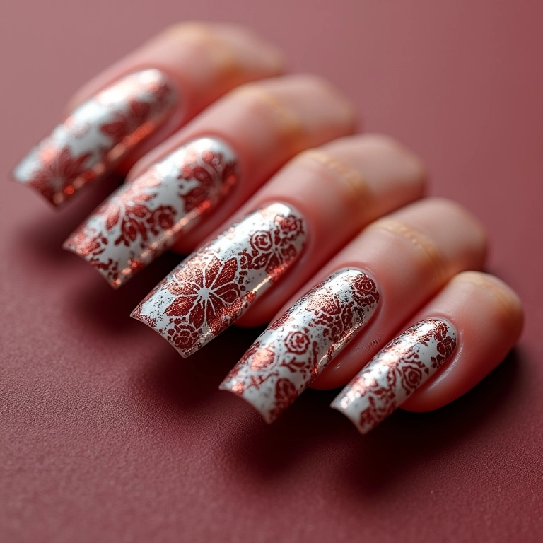 Unhas decoradas com carimbo.