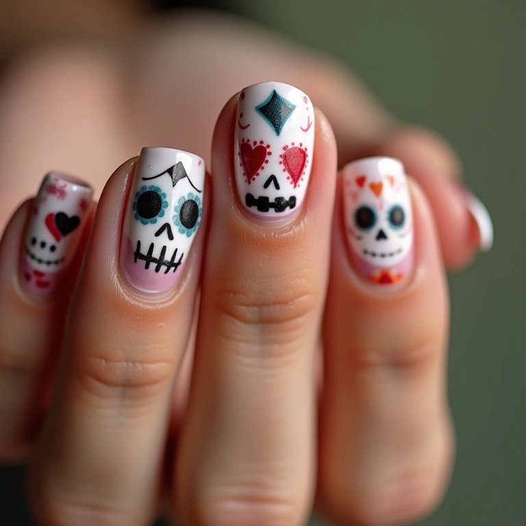 Unhas decoradas com caveirinhas divertidas para um Halloween moderno.