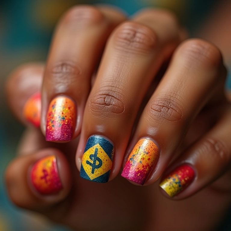 Unhas decoradas com cifrões: mãos femininas exibindo nail art criativa.
