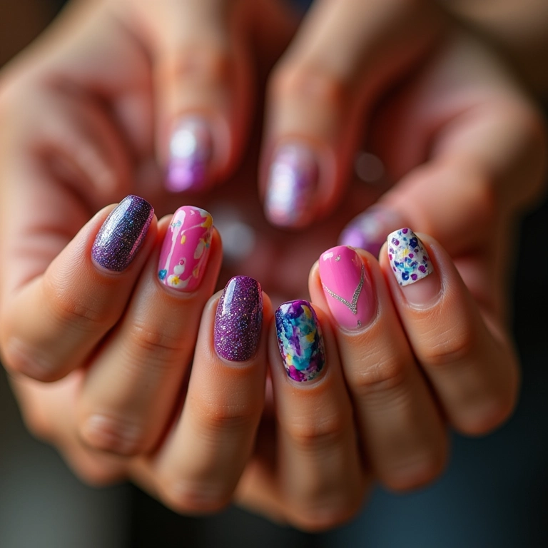 Unhas decoradas com cores vibrantes e designs modernos.