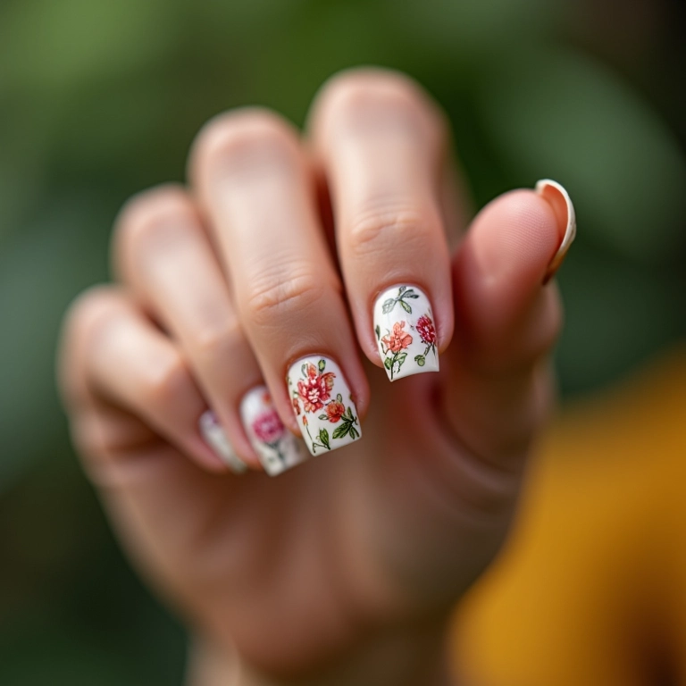 Unhas decoradas com delicadas flores em fundo suave.