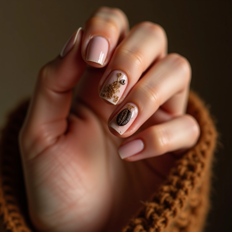 Unhas decoradas com delicados grãos de café.