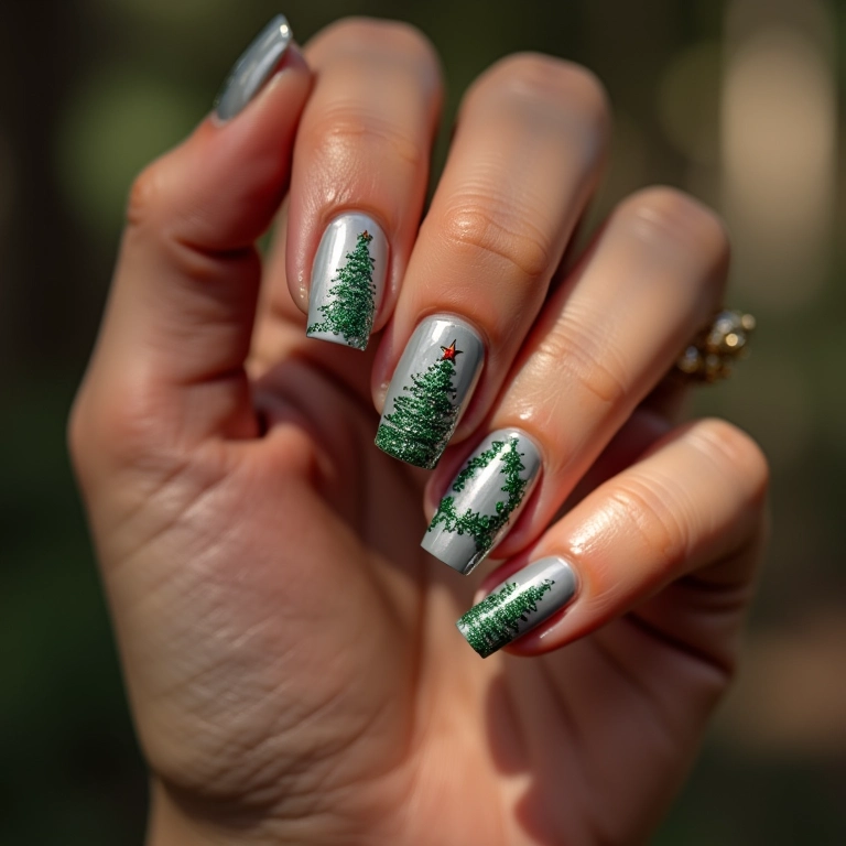 Unhas decoradas com desenhos de árvores de Natal.