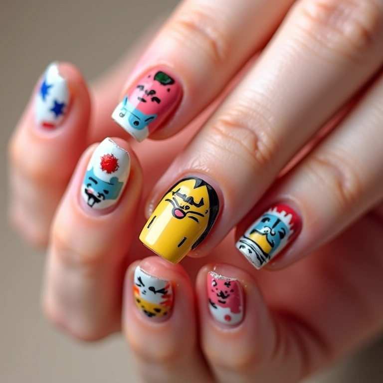 Unhas decoradas com desenhos de bonequinhas fofas e coloridas.