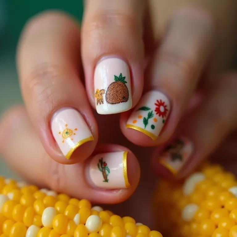 Unhas decoradas com desenhos de comidas típicas juninas.