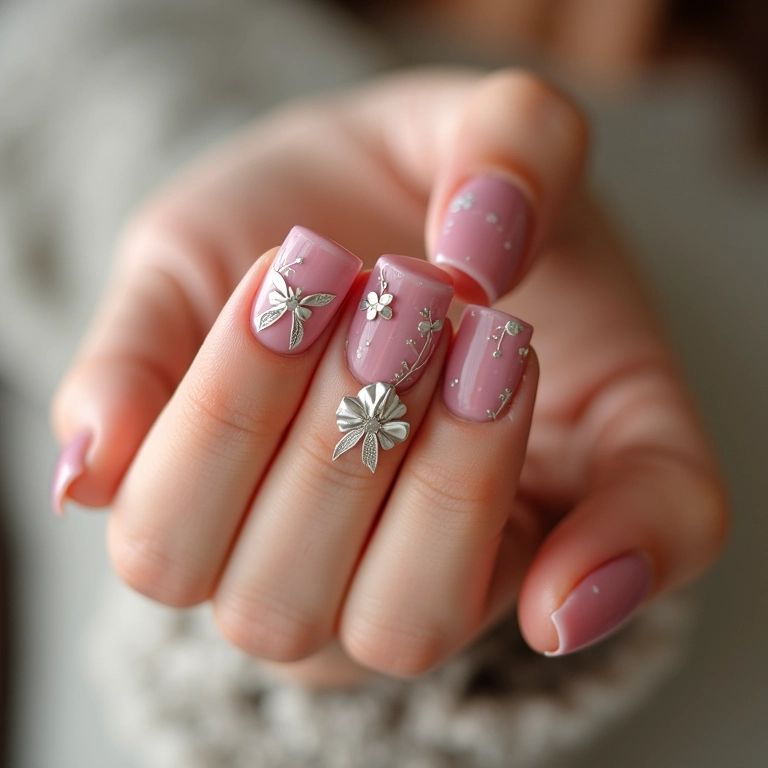 Unhas decoradas com desenhos de laços e flores.