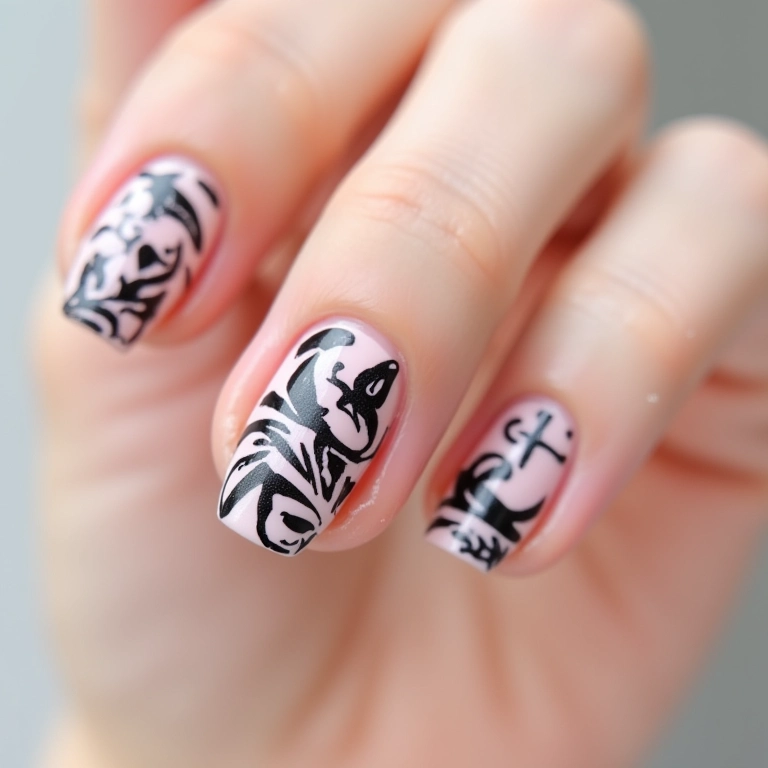 Unhas decoradas com desenhos minimalistas.